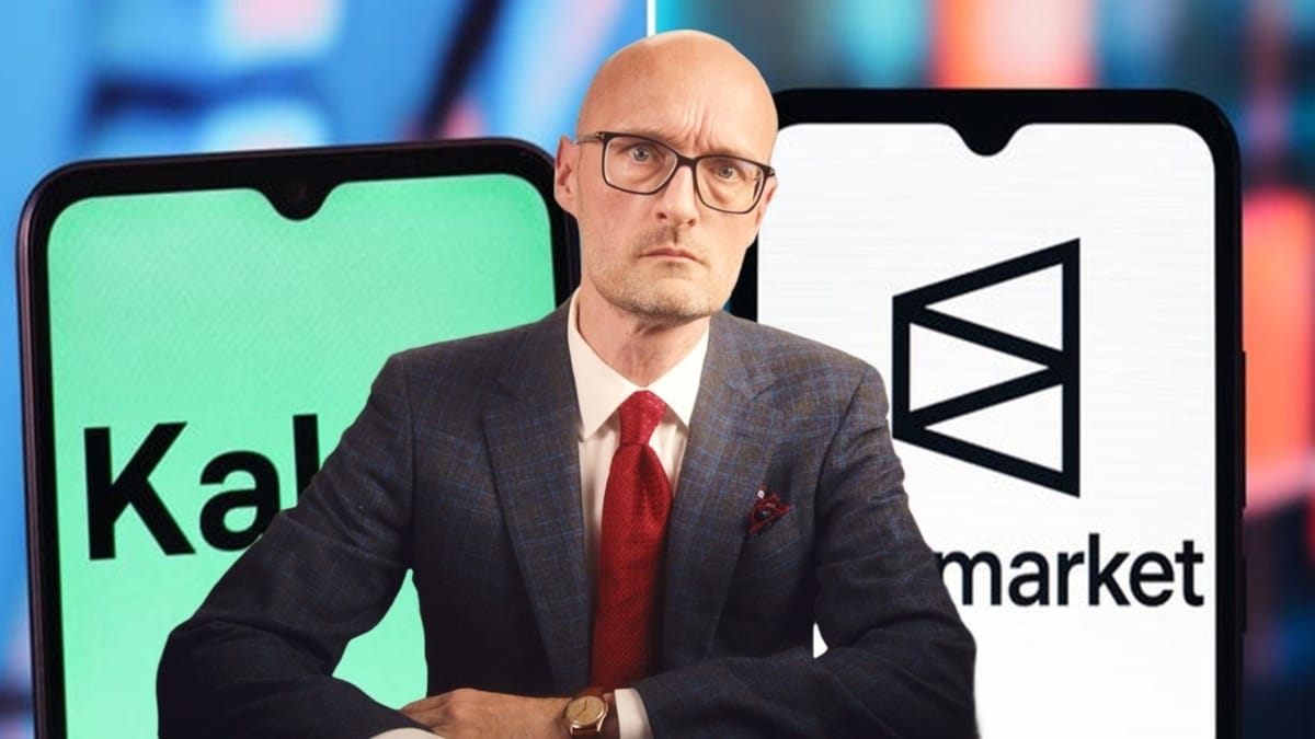 Kalshi and Polymarket apps displayed on smartphones beside a skeptical financial analyst, Patrick Boyle.